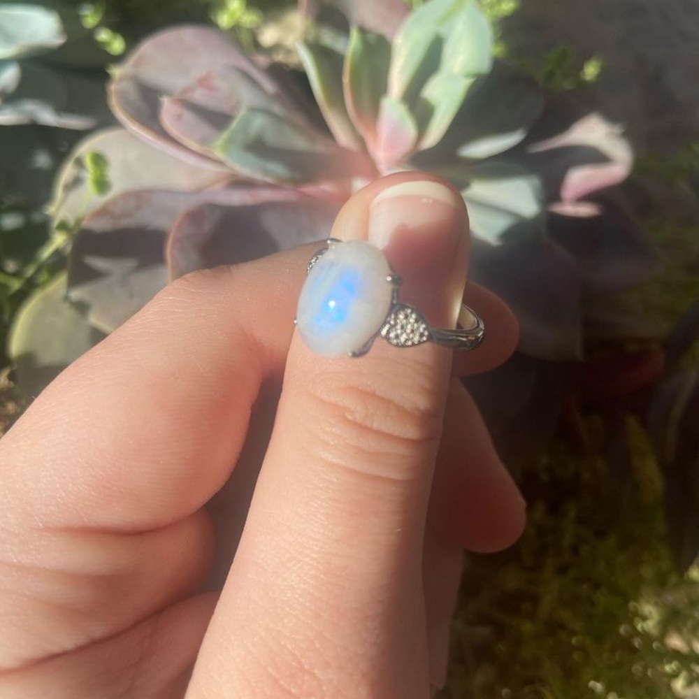 Rainbow moonstone crystal ring size 8 set in white bronze